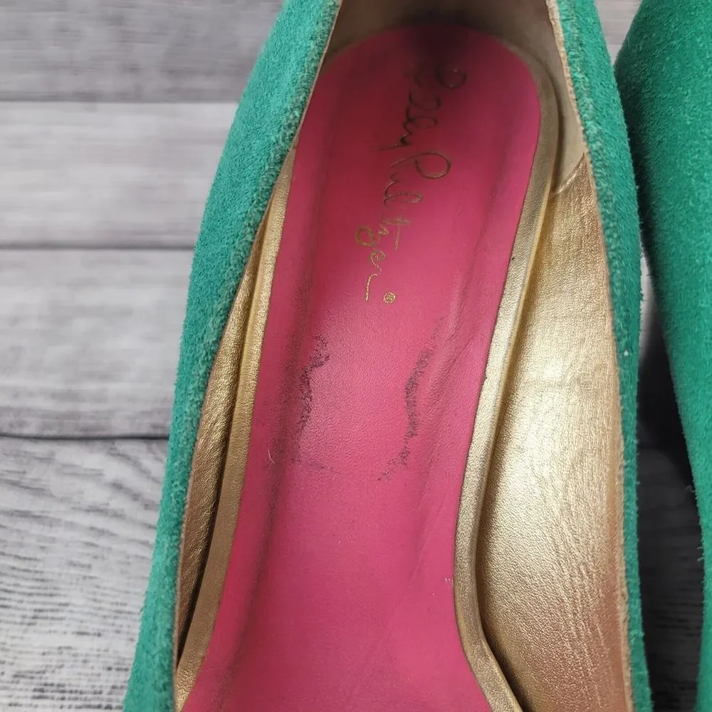Lilly Pulitzer Resort Chic Jewel Green Suede Wedge Peep-toe Shoes Women's 6.5